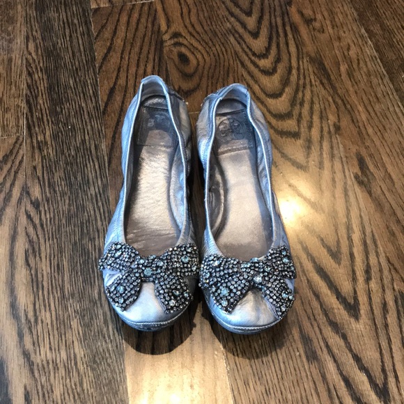 Tory Burch Shoes - Tory Burch Leather Eddie Crystal Bow Ballet Flat